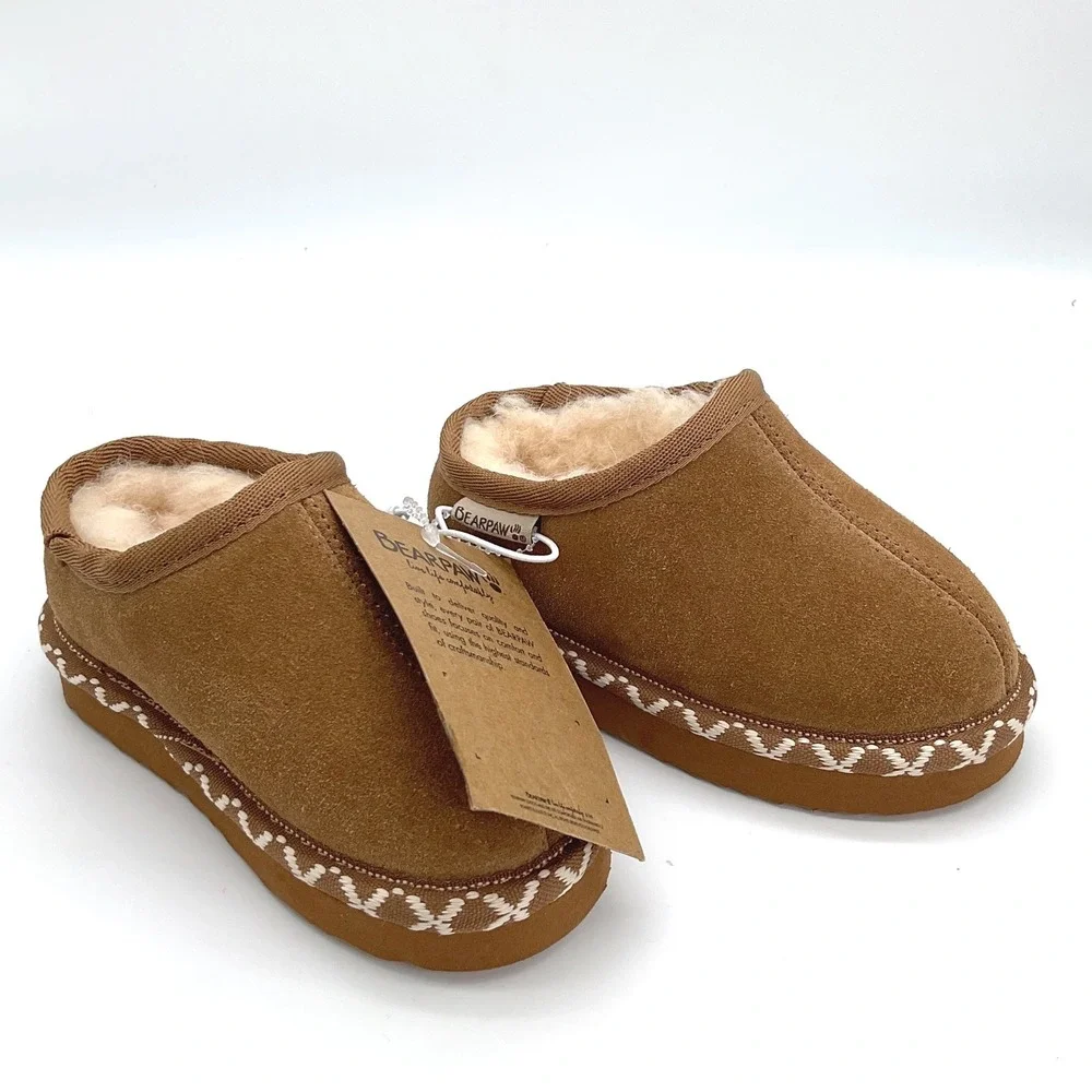 Bearpaw Toddler Hickory Brown Suede Wool Lined Slippers Embroidered Trim Size 6